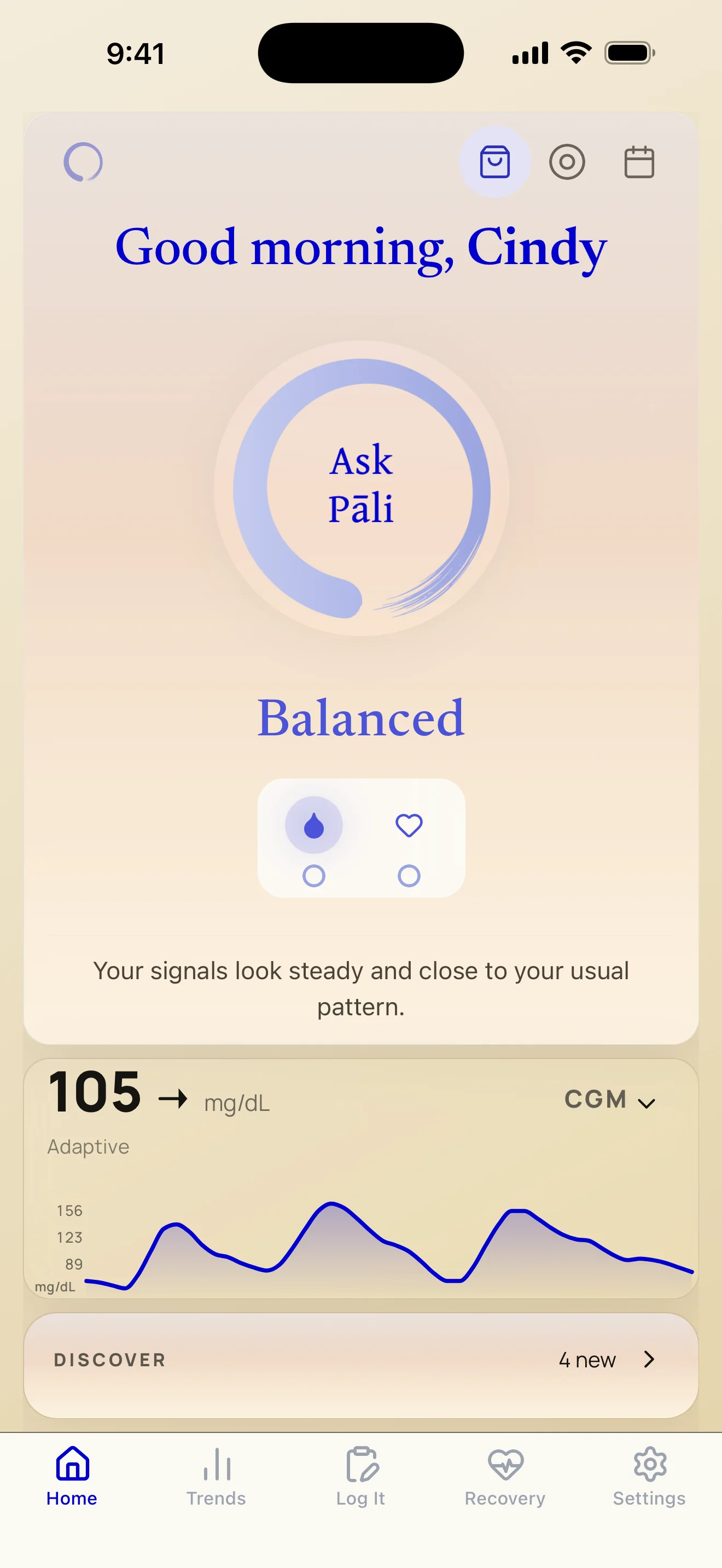 The Pali home screen with glucose selected.