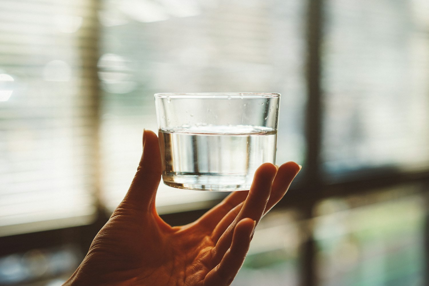 A glass of water held in morning light.