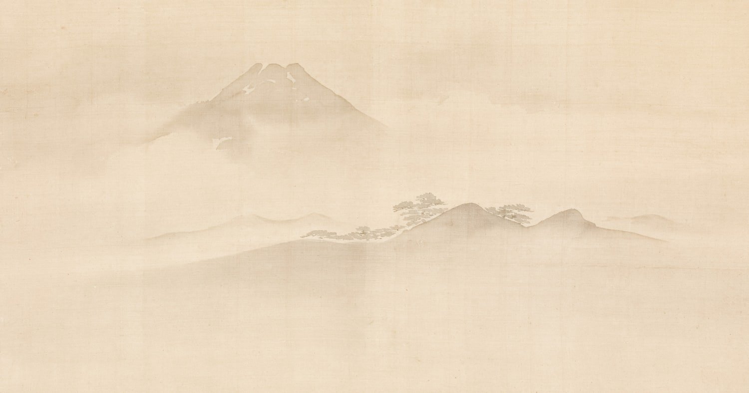 A sumi-e ink painting of a mountain fading into mist.